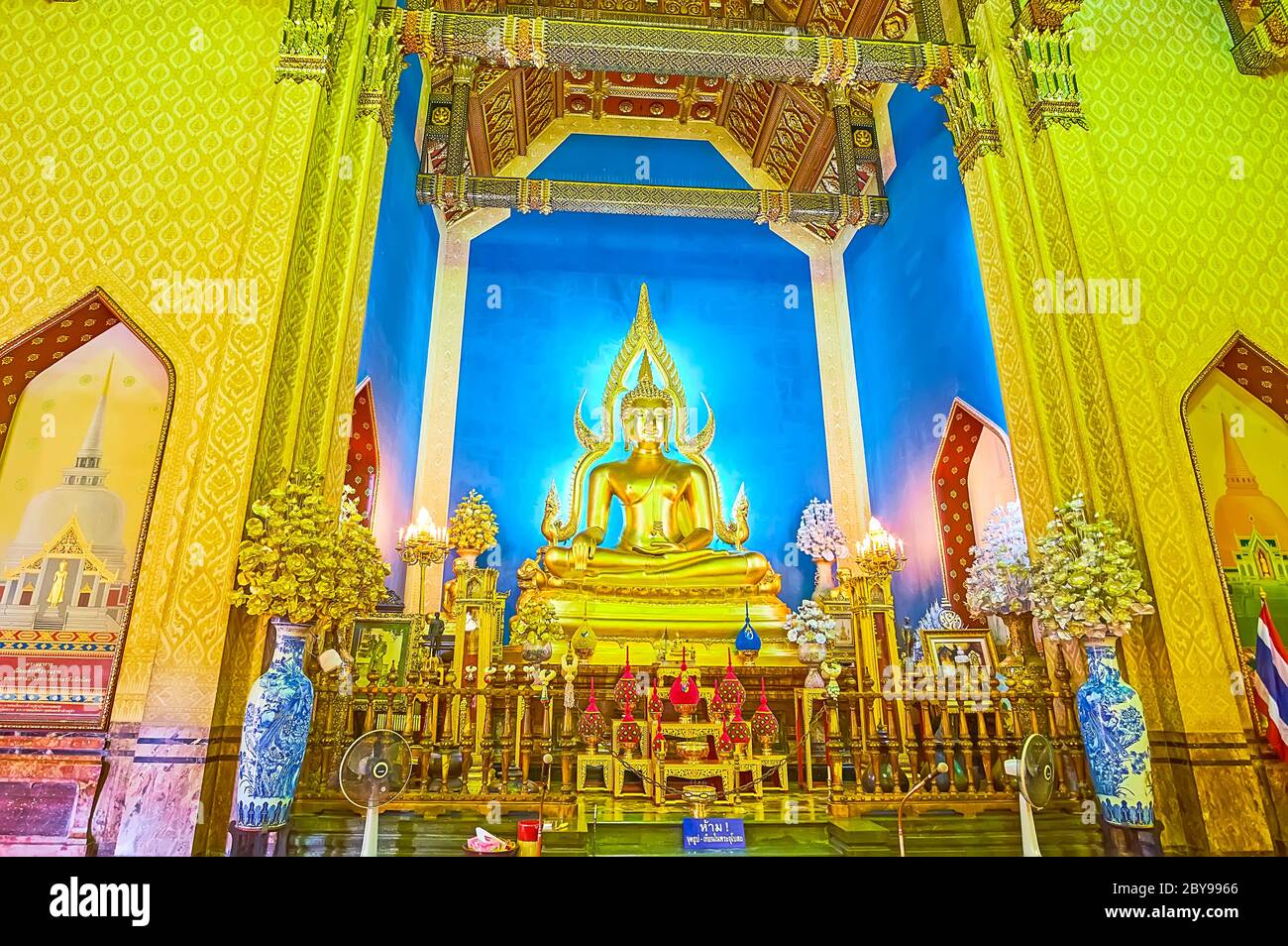 BANGKOK, THAILAND - MAY 13, 2019: The altar of Ubosot (Ordination Hall) of Wat Benchamabophit Dusitvanaram Marble Temple with golden Buddha Image, on Stock Photo