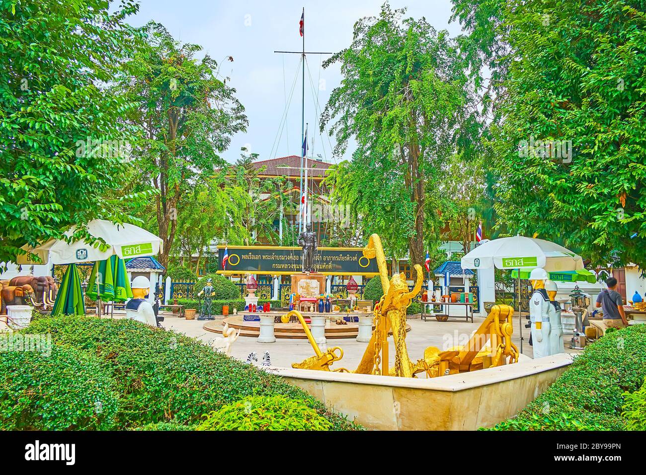 BANGKOK, THAILAND - MAY 13, 2019: Prince Admiral Chumphon Khet Udomsak Shrine with monument, sail, gilt anchors and sailors, located next to Rajamanga Stock Photo