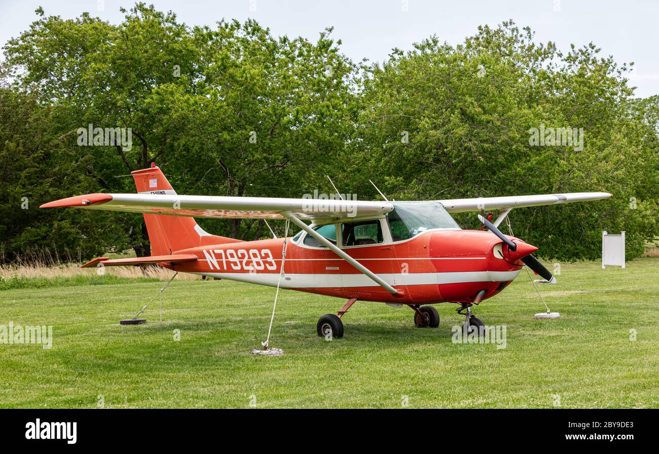 Small single engine plane at the Shelter Island airport, Shelter Island, NY Stock Photo