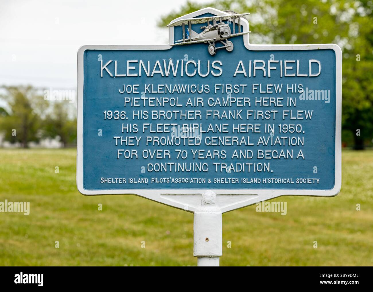 Historical sign at Klenawicus Airfield, Shelter Island, NY Stock Photo