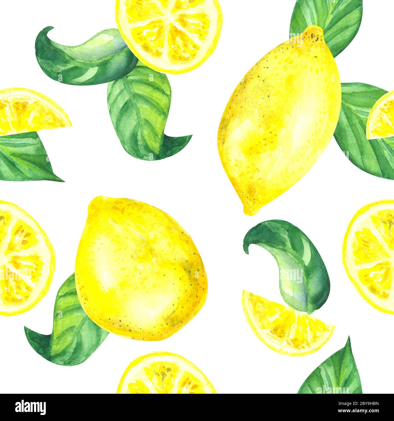 seamless watercolor pattern of ripe bright yellow lemons with slices ...