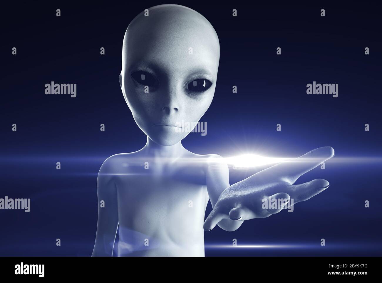 Alien hand reaching out. UFO futuristic concept. 3d rendering. Stock Photo