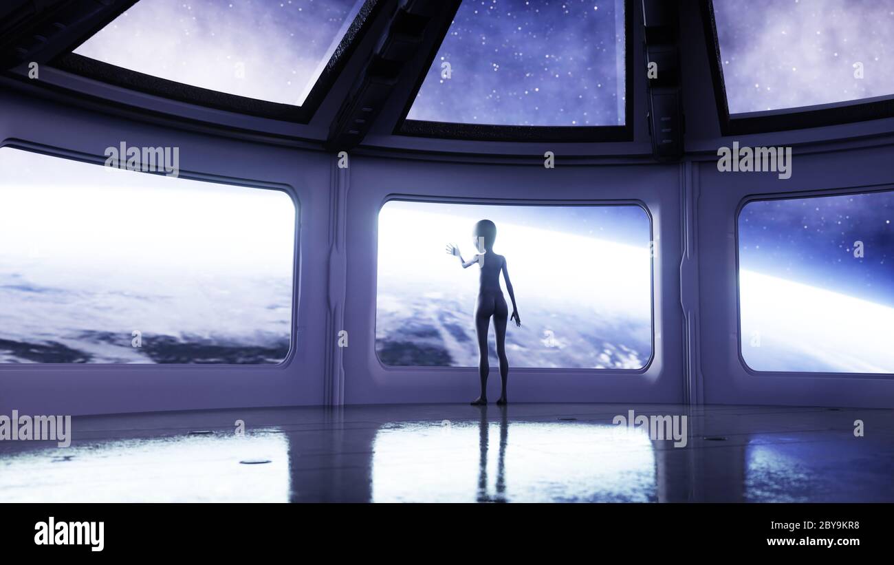 Alien in futuristic room. hand reaching out with Earth planet. UFO futuristic concept. 3d rendering. Stock Photo