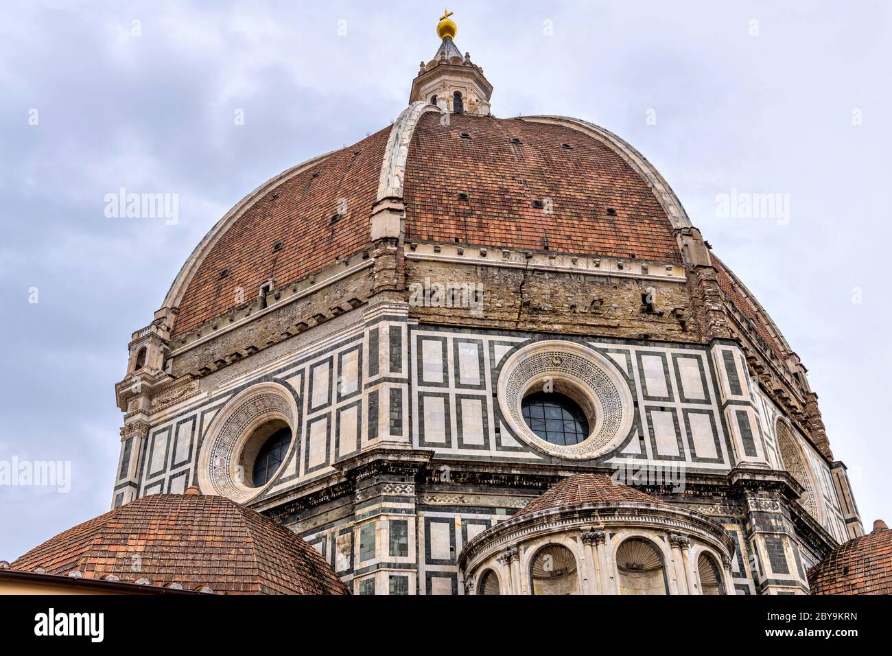 Brunelleschi's Dome - A close-up low-angle view of the 15th-century dome of the Florence Cathedral. Florence, Tuscany, Italy. Stock Photo
