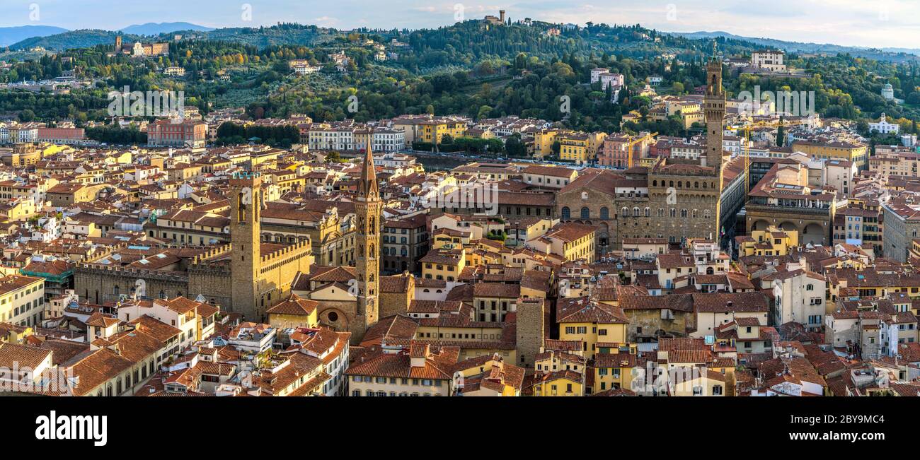 Florence at Sunset - An Autumn sunset overview of the Old Town of Florence, as seen from top of the dome of the Florence Cathedral. Tuscany, Italy. Stock Photo