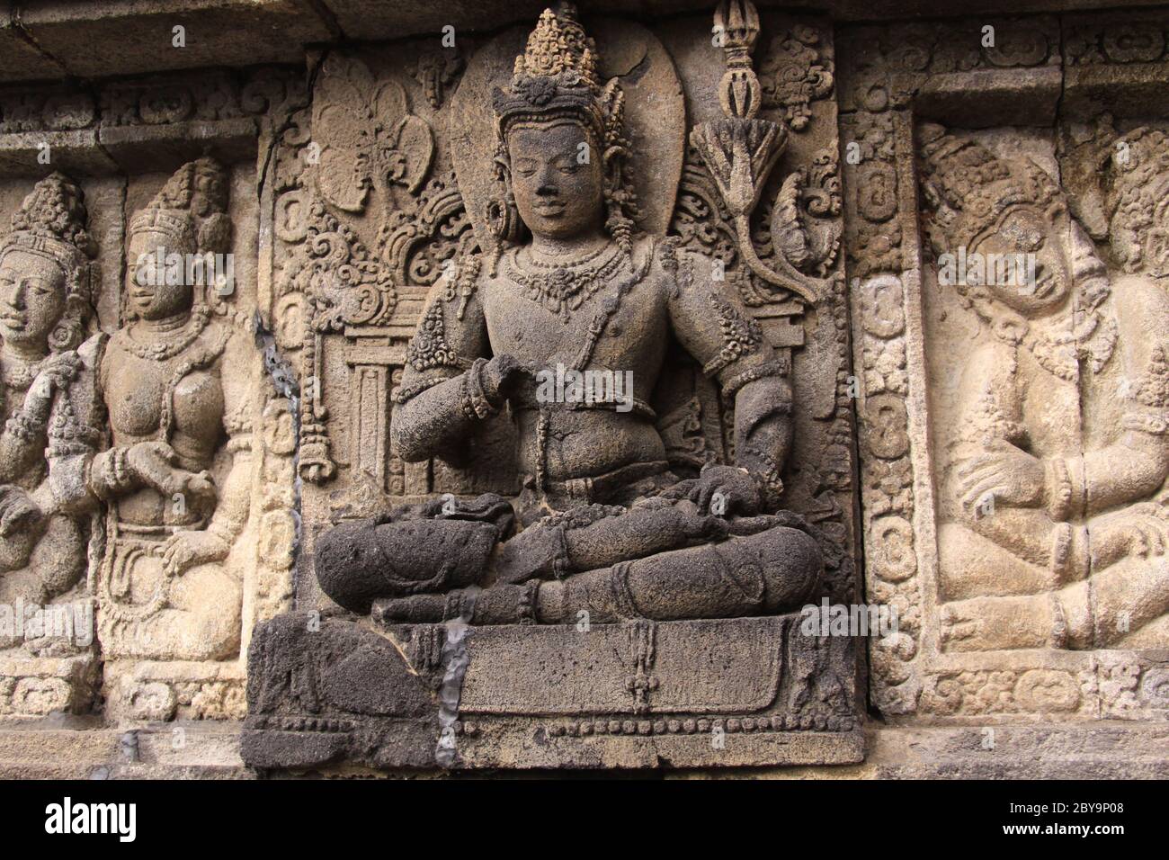 Stone carved god figure statue detail at famous Prambanan hindu temple ...