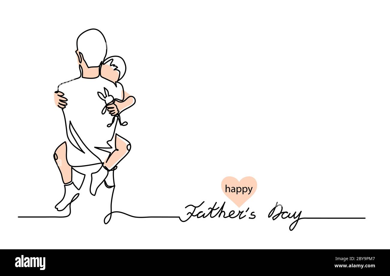 Hugs of a father with a child. One continuous line drawing banner, background, poster with family embrace. Happy Father Day simple vector illustration Stock Vector