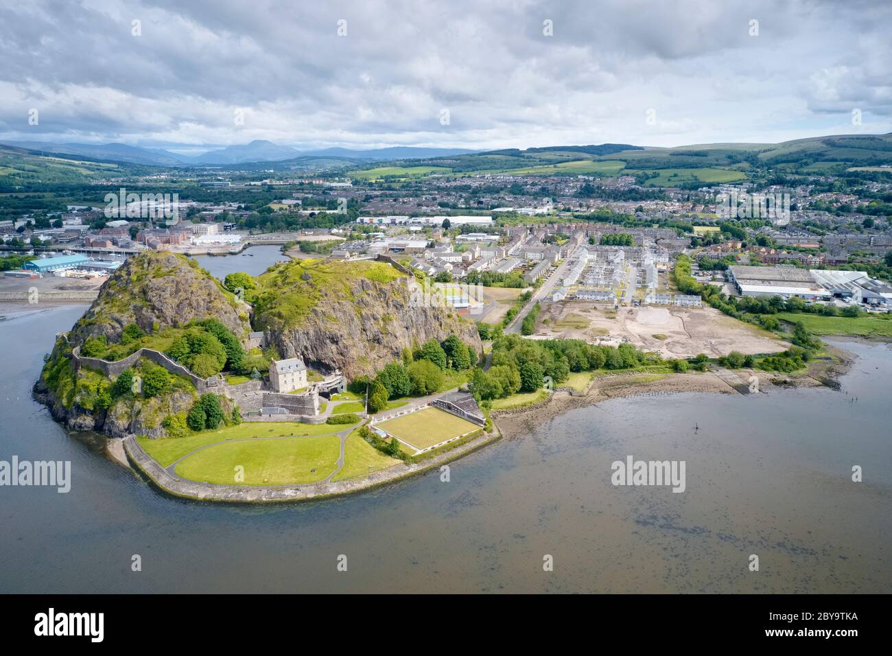 Dumbarton castle building on volcanic rock aerial view from above Scotland Stock Photo