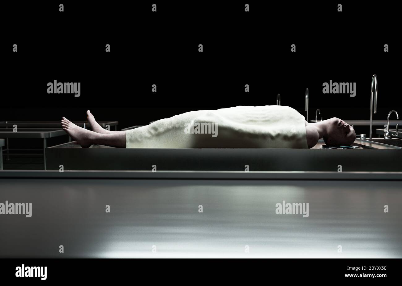 cadaver, dead male body in morgue on steel table. Corpse. Autopsy concept. 3d rendering. Stock Photo