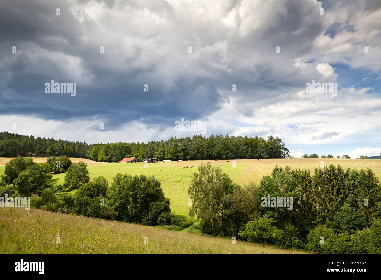 cloudscape over meadows in Burgsinn Stock Photo