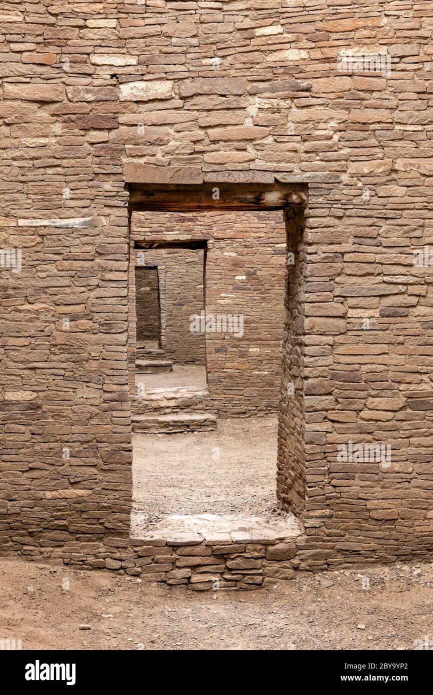 NM00604-00...NEW MEXICO - Masonry stone walls and doorways  at Pueblo Bonito built by the early Chaco People.  Chaco Culture National Historic Park. Stock Photo