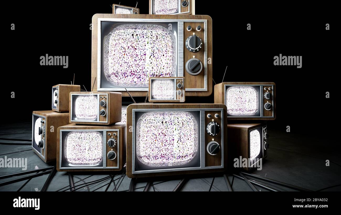 heaps of retro, antique tv in dark room. 3d rendering Stock Photo Alamy