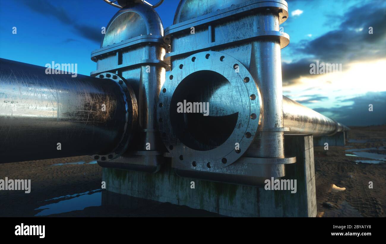 oil, gas valve. Pipeline in desert. Oil concept. 3d rendering Stock ...