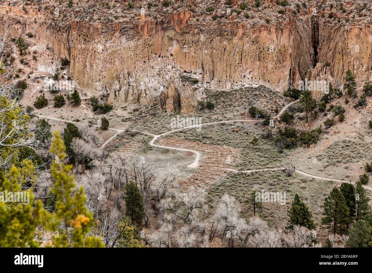 NM00637-00...NEW MEXICO - View of the talus houses cliff dwellings  and the Tyonyi from the Frijoles Rim Trail in Bandelier National Monument. Stock Photo