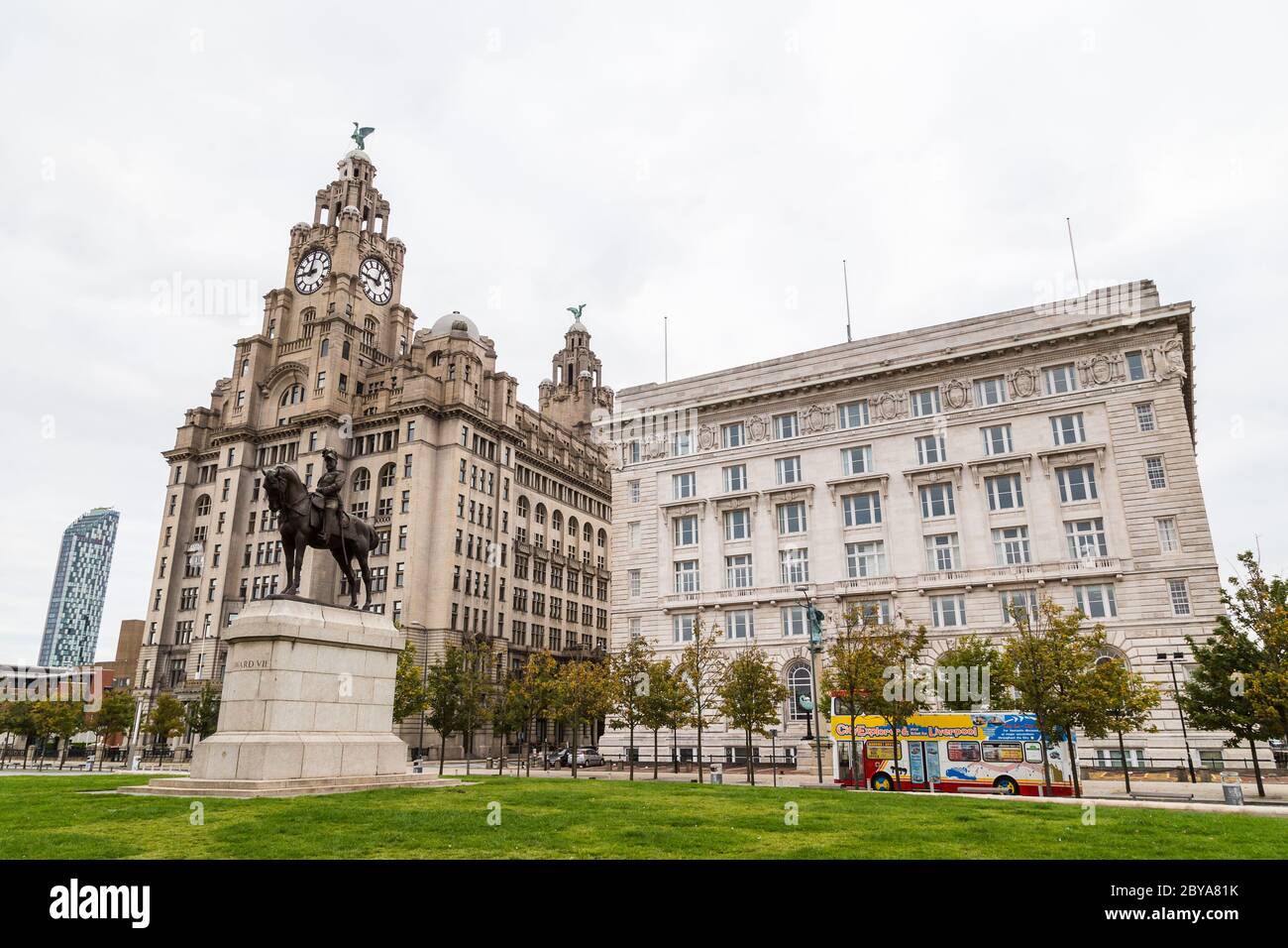 Statue of Edward VII on the Liverpool waterfront - captured in October 2015 in front of the Liver Building and Cunard Building. Stock Photo