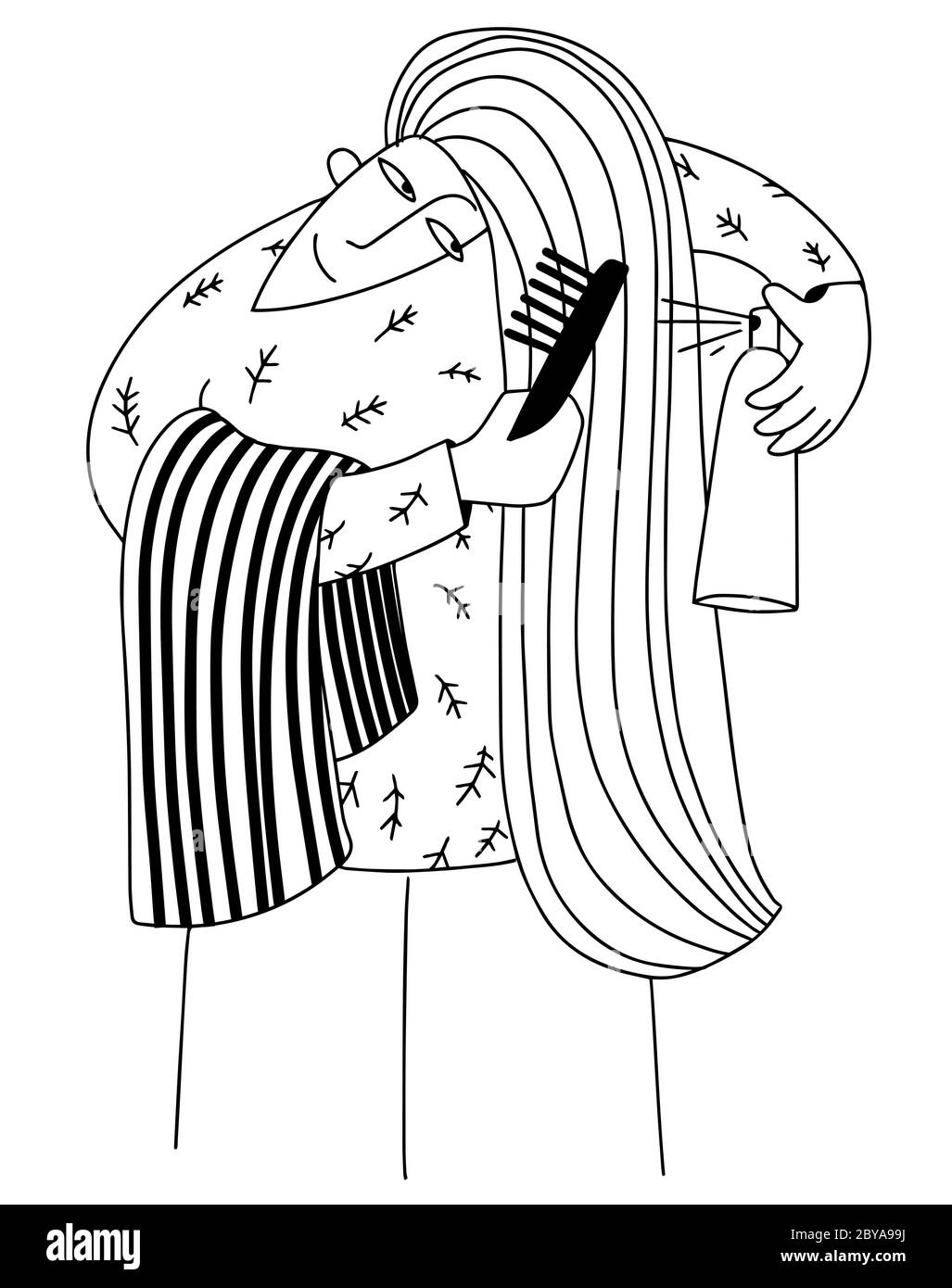 Cute girl with long hair taking care of her hair. Vector illustration doodle style Stock Vector