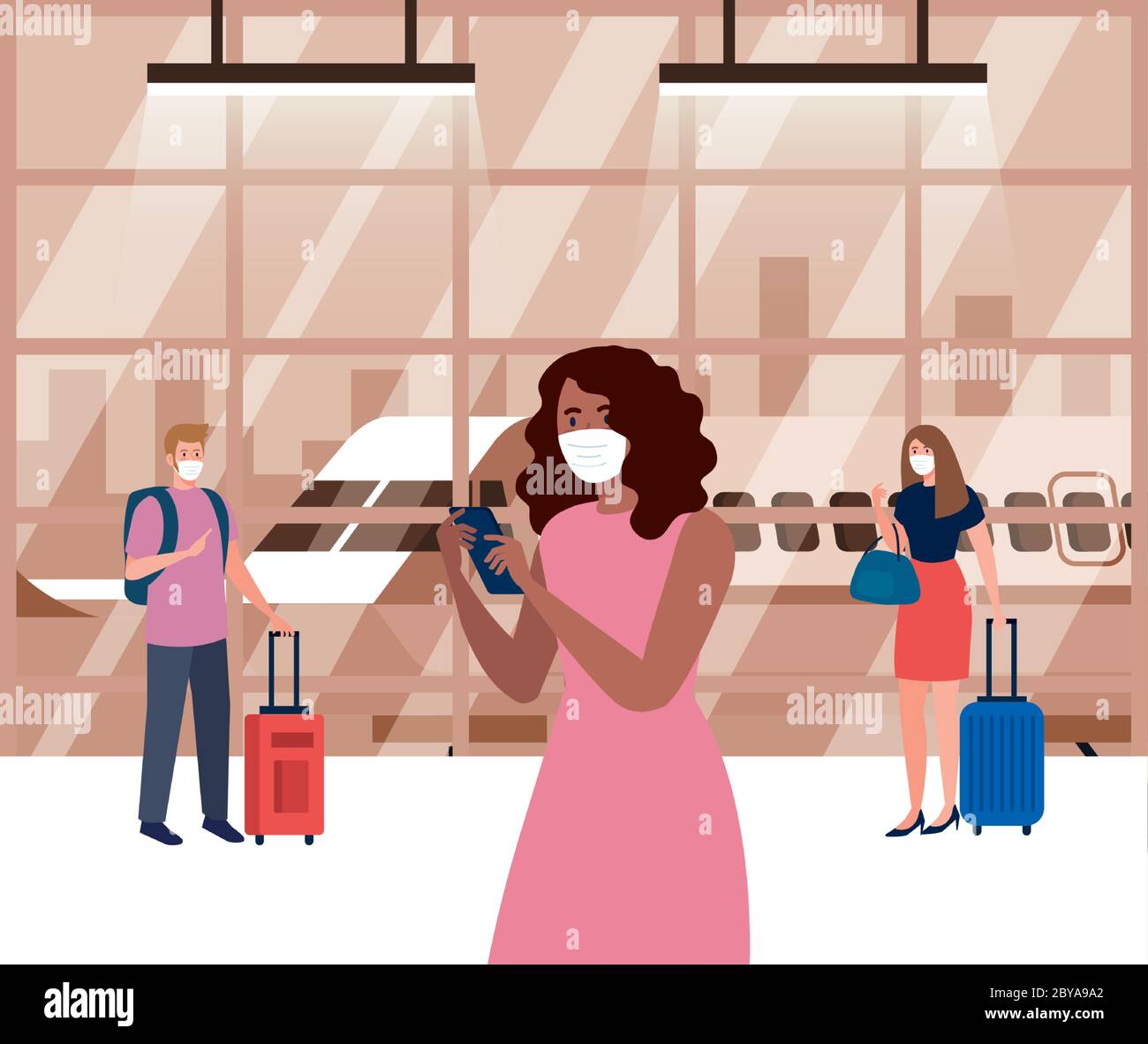 people wearing medical protection mask in airport terminal, traveling