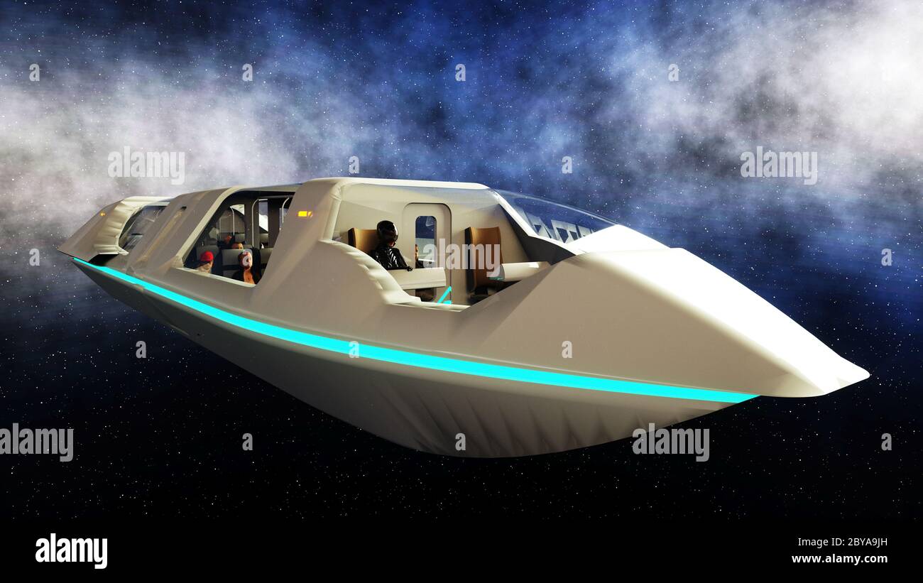 futuristic passenger bus flying in space. Transport of the future. 3d