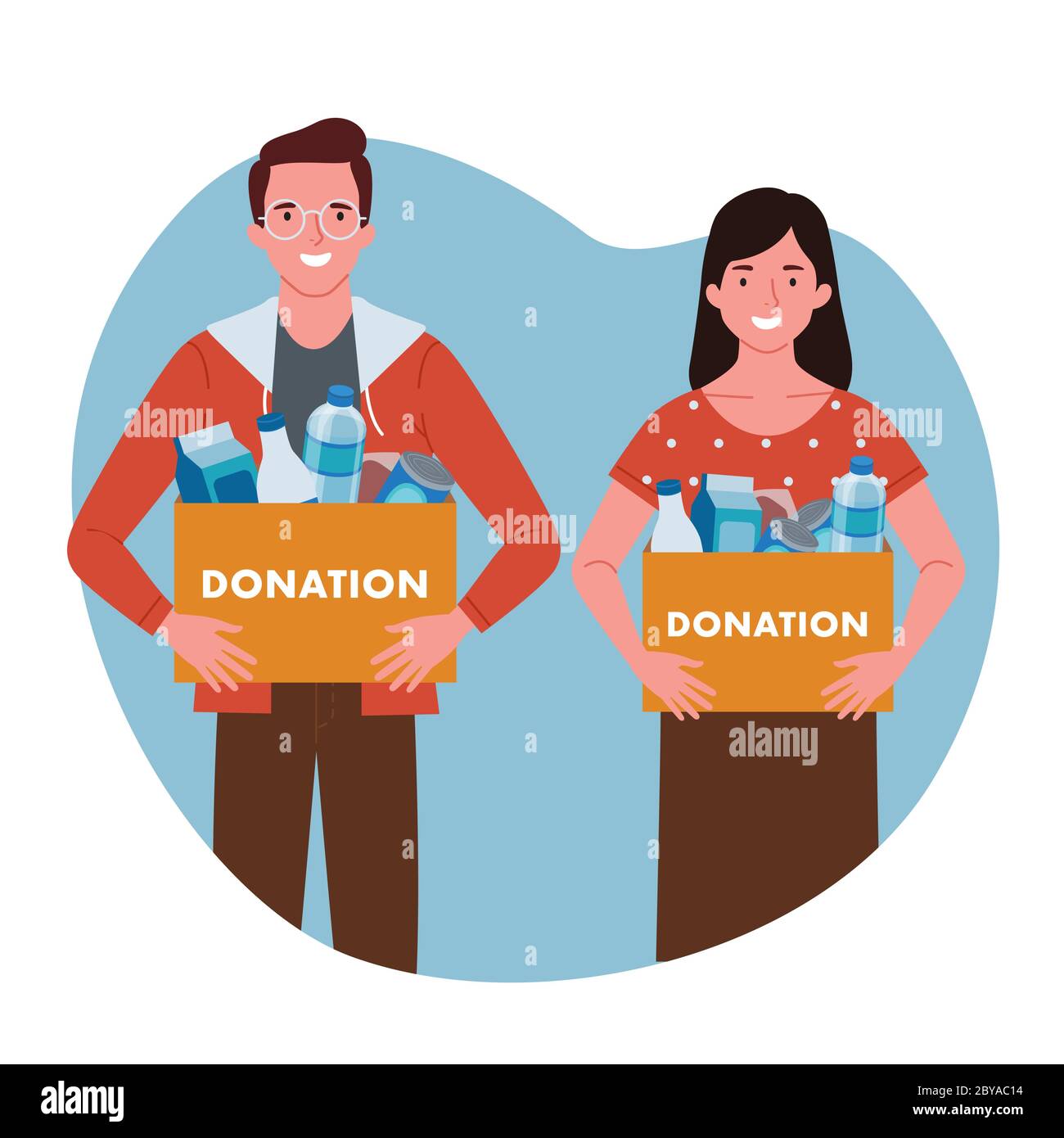 a pair of men and women holding boxes containing donated items and smiling Stock Vector