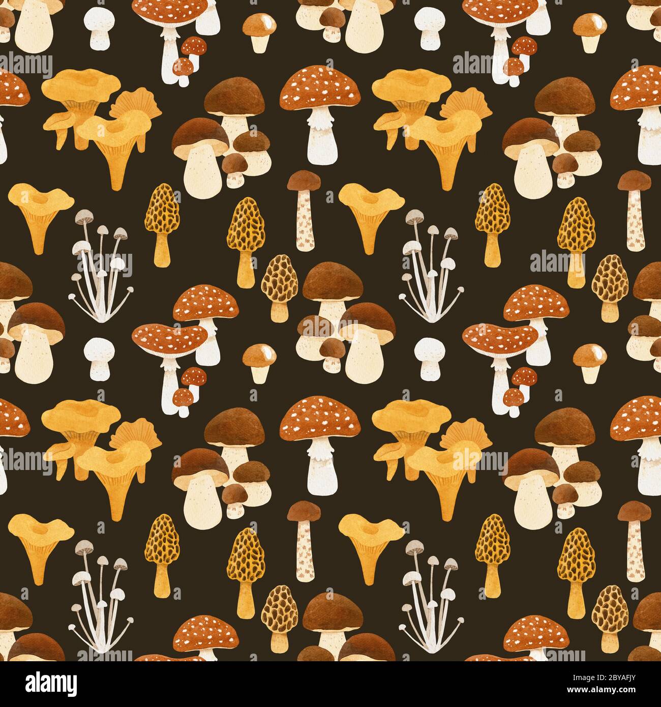 Watercolor seamless pattern with diversity mushroom. Dark background Stock  Photo - Alamy