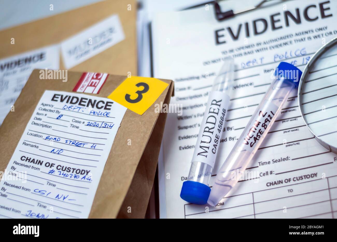 Various laboratory tests forensic equipment, conceptual image Stock