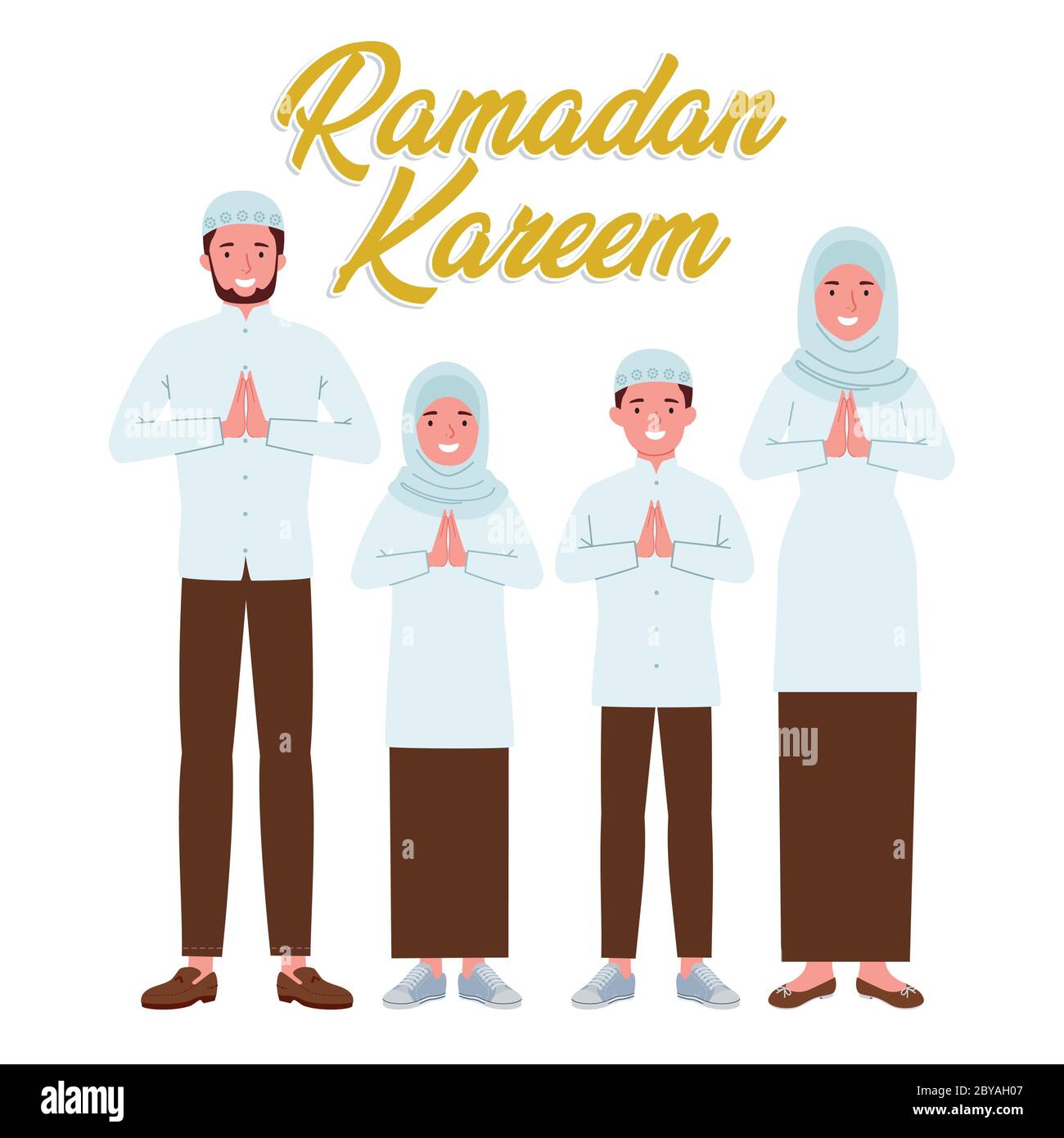 illustration of a Muslim family wearing a white shirt saying Ramadan Kareem. Stock Vector