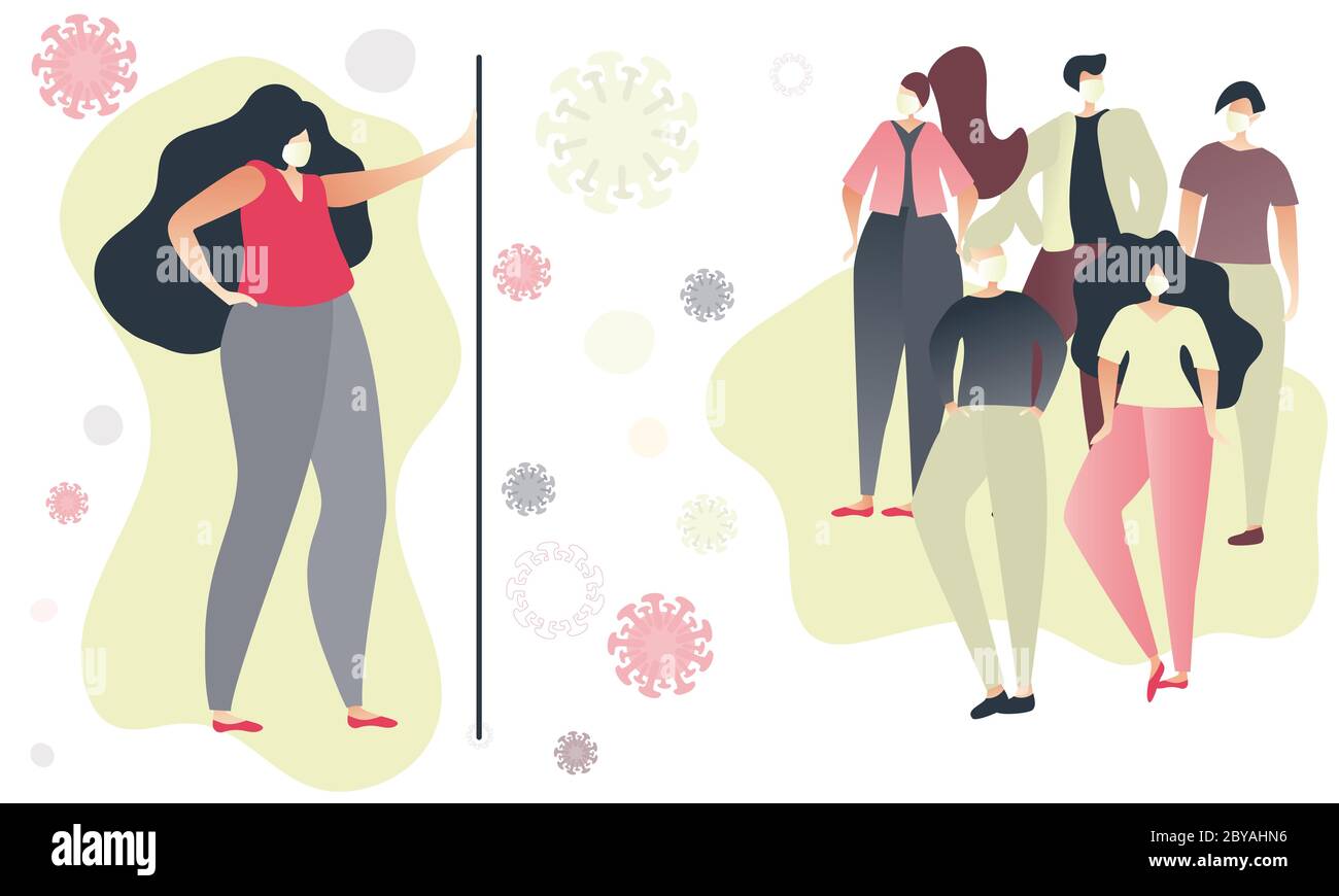 Woman in mask standing away from the crowd to prevent illness. Social distance concept. Coronavirus Covid-19 epidemic public precaution. Stay safe, we Stock Vector