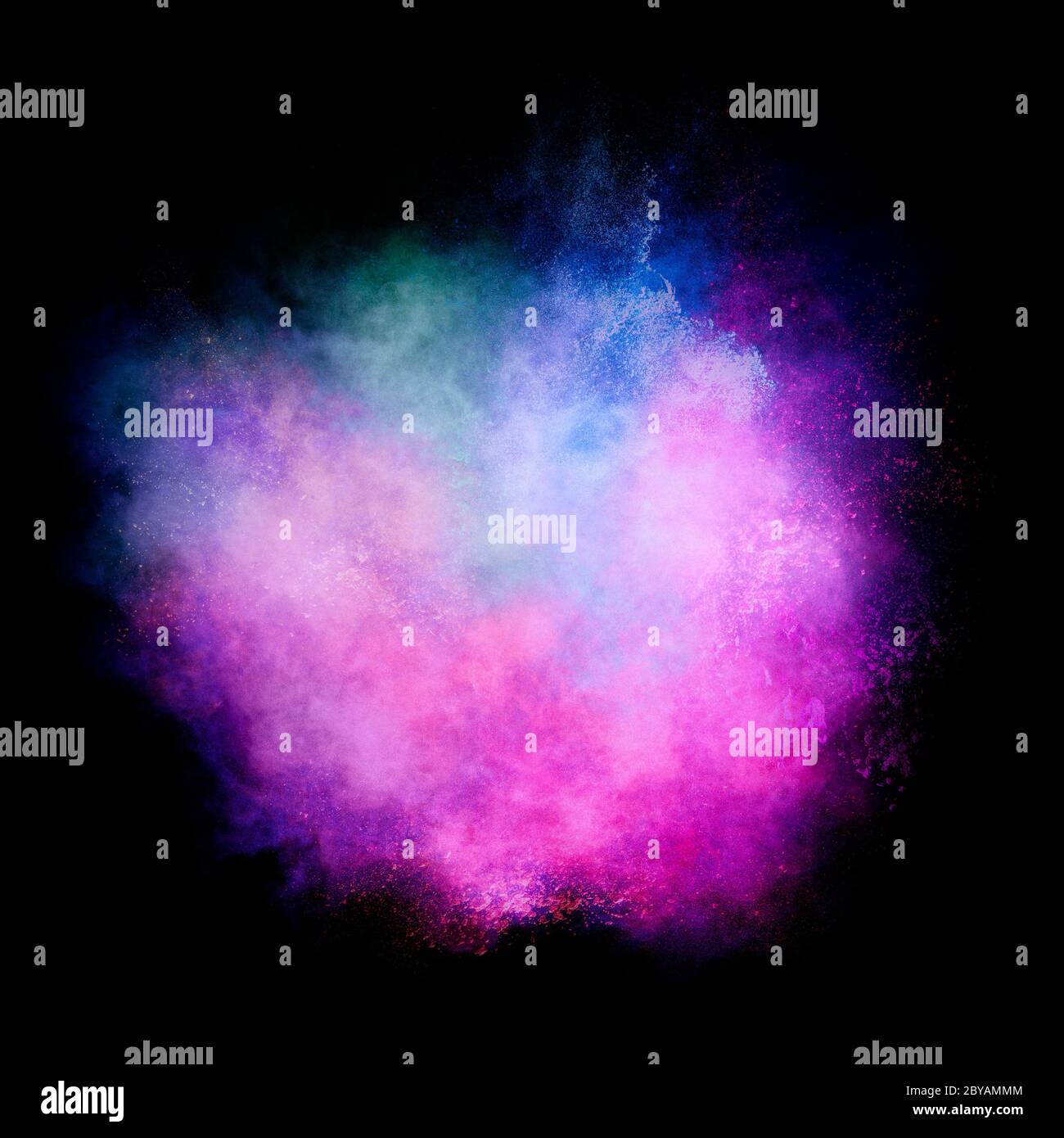 Colorful dust particle explosion resembling a pyrotechnic effect over