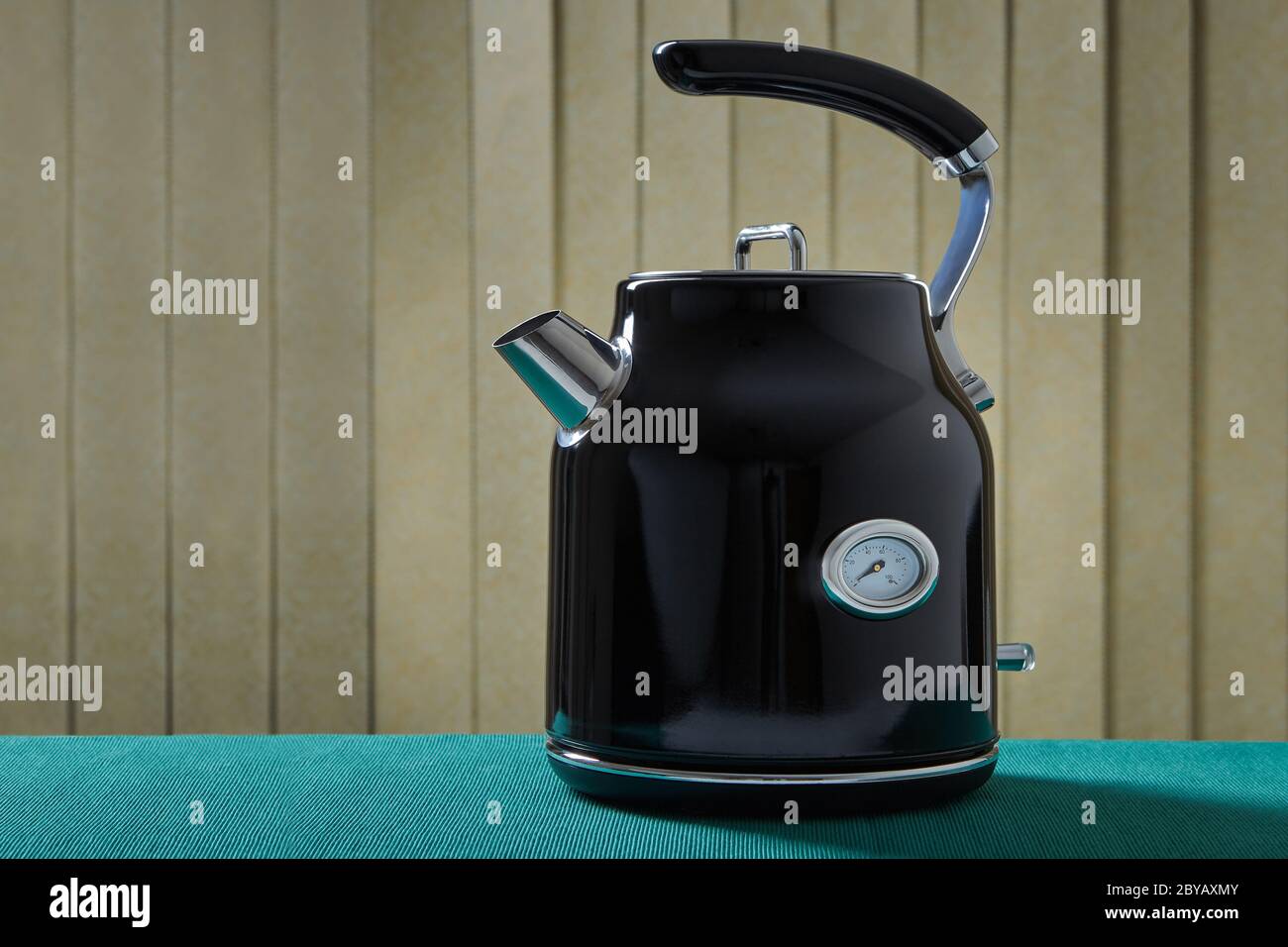 New modern black metal electric kettle with arrow thermometer
