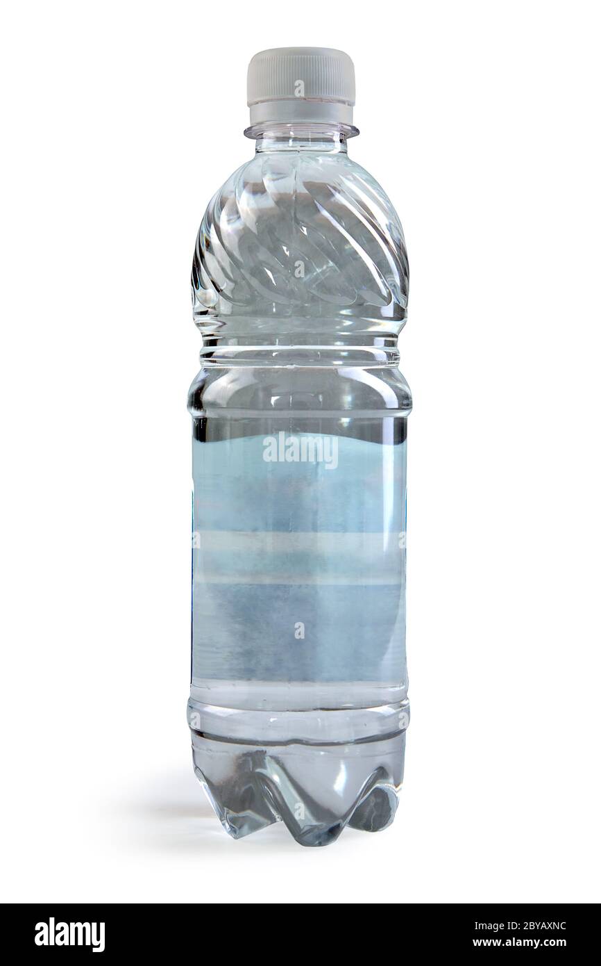 Bottled purified drinking water in a half liter bottle isolated on a white background. Stock Photo