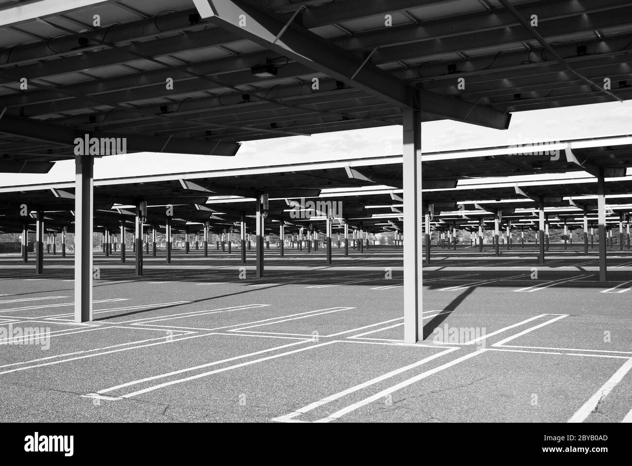 HANGAR: A solar farm goes up in the parking of Woodbridge mall in New Jersey. Stock Photo