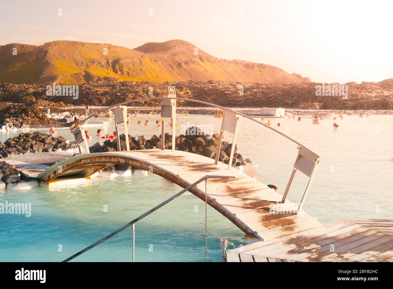 White bridge in Blue Lagoon geothermal bath resort near Keflavik, Iceland. Stock Photo