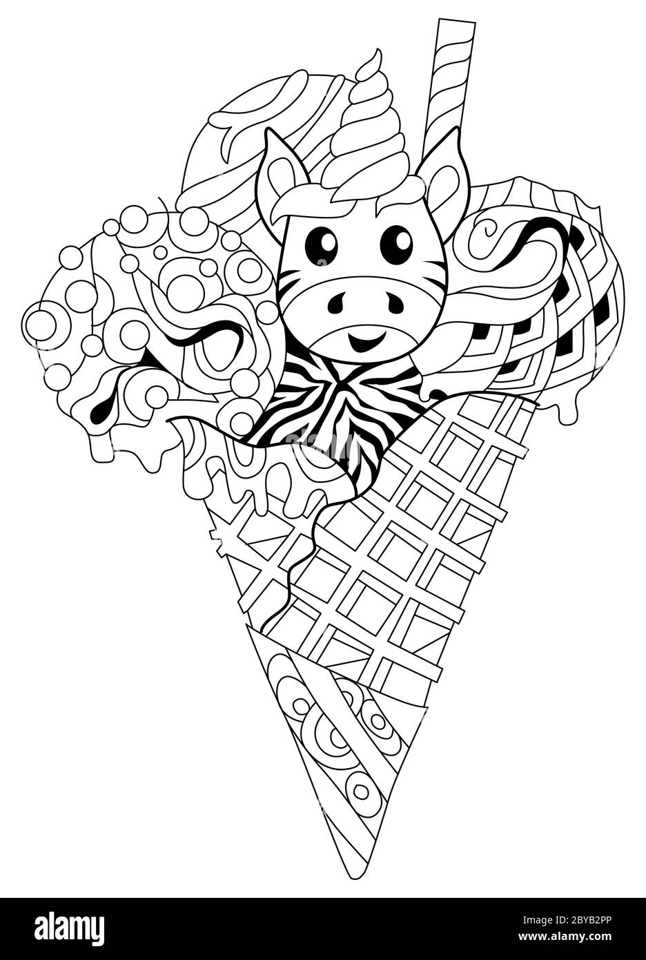 Ice cream with unicorn head. Drawn in black and white outline for ...