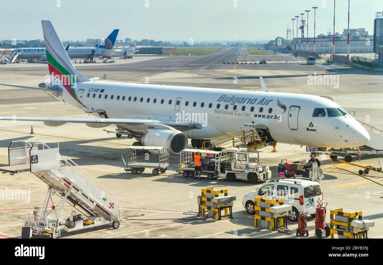 NAPLES, ITALY - AUGUST 2019:  Embraer ERJ 190 jet operated by Bulgaria Air on stand at Naples airport Stock Photo