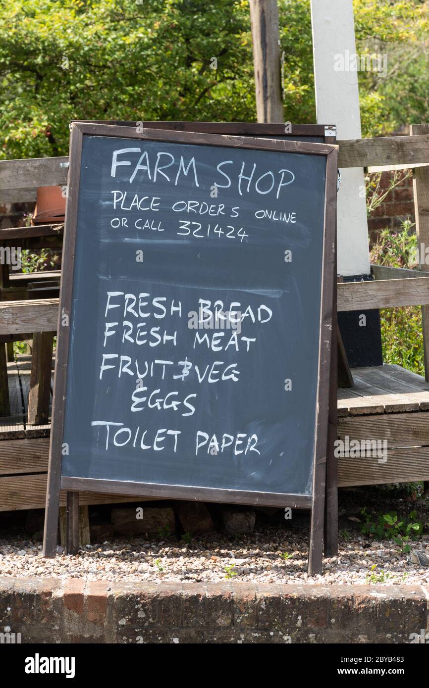 A pop-up farm shop in the Crown Inn pub while it is closed during the 2020 coronavirus covid-19 pandemic, Old Basing village, Hampshire, UK Stock Photo