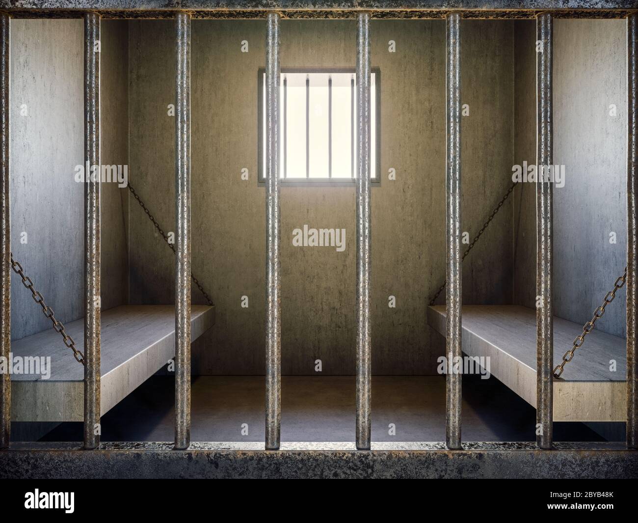 View of the prison cell through bars with sun shining through the window, 3d Render, 3d Illustration Stock Photo