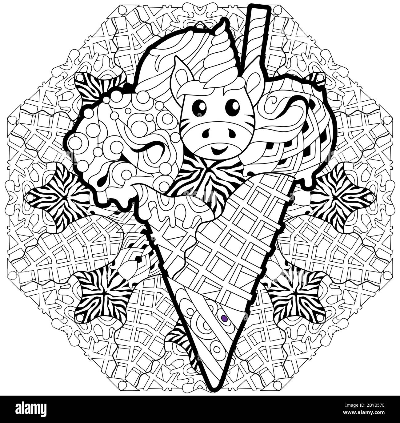 Ice Cream With Unicorn Head With Mandala Drawn In Black And White