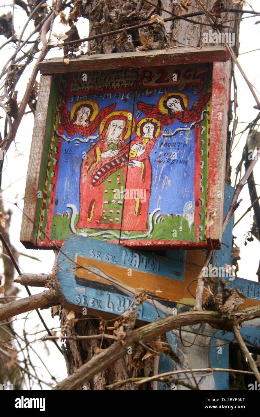 Aninoasa village, Gorj County, Romania. Icons with names of deceased