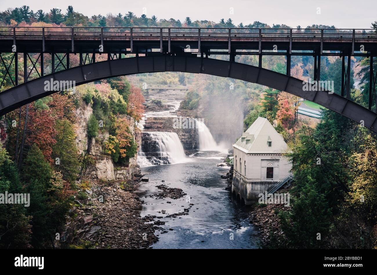 Rainbow Falls & Ausable Chasm Bridge in Adirondack, New York Stock Photo