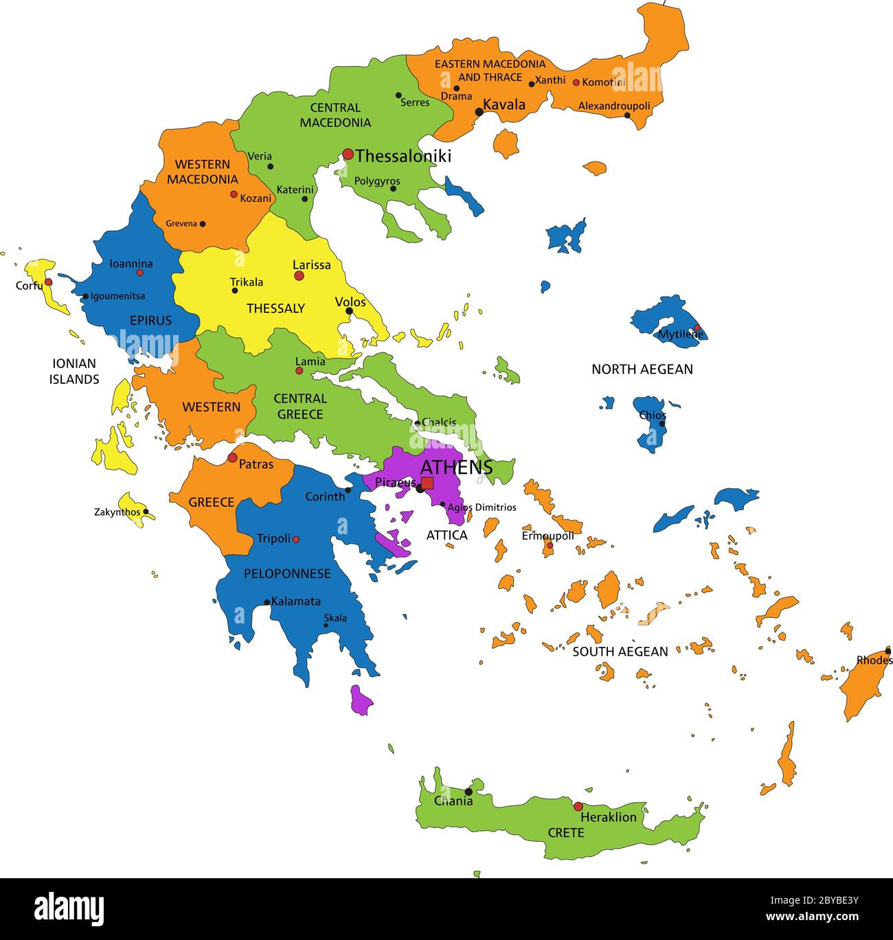 Colorful Greece political map with clearly labeled, separated