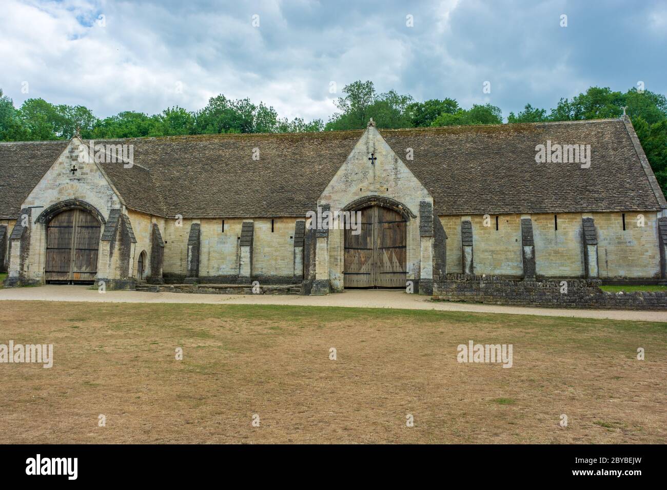 A section of the front of grade I listed tithe barn at Bradford-on-Avon, Wiltshire, UK Stock Photo