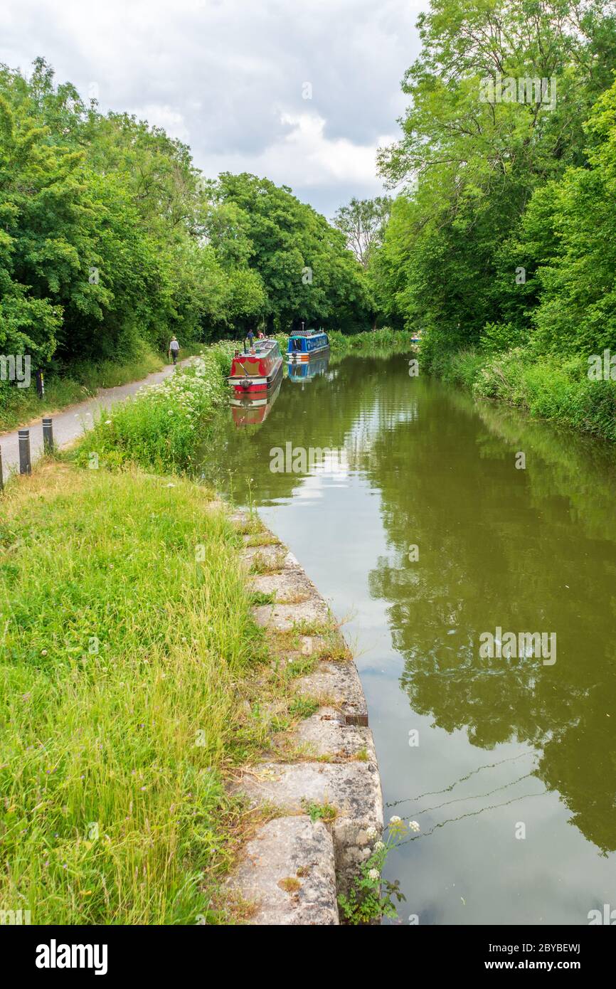 Narrowboats and toe path of Kennet & Avon Canal at Bradford-on-Avon, Wiltshire, UK Stock Photo