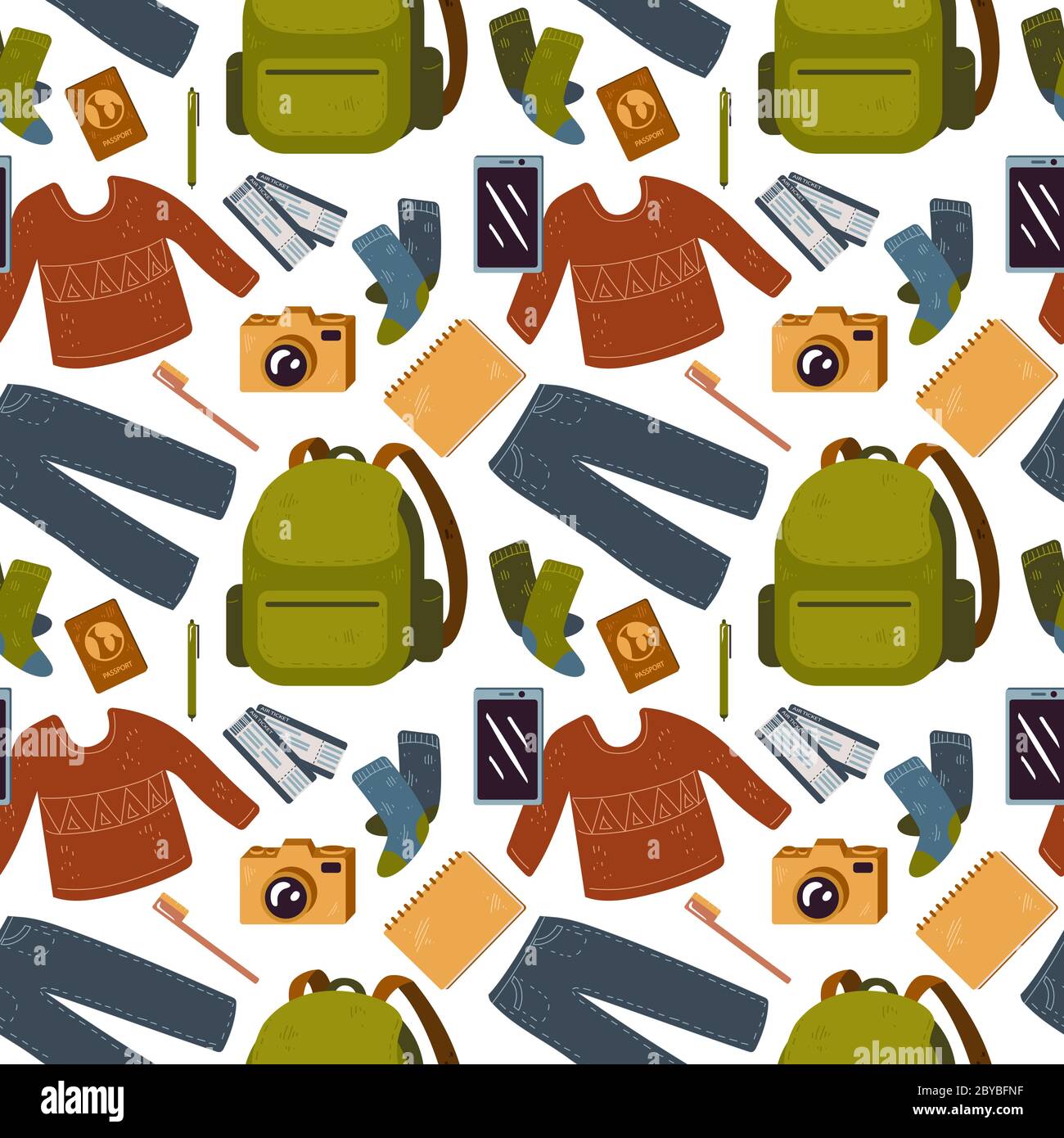 Vector pattern for backpacker, forest, mountain, tourist travel, vacation. Stock Vector