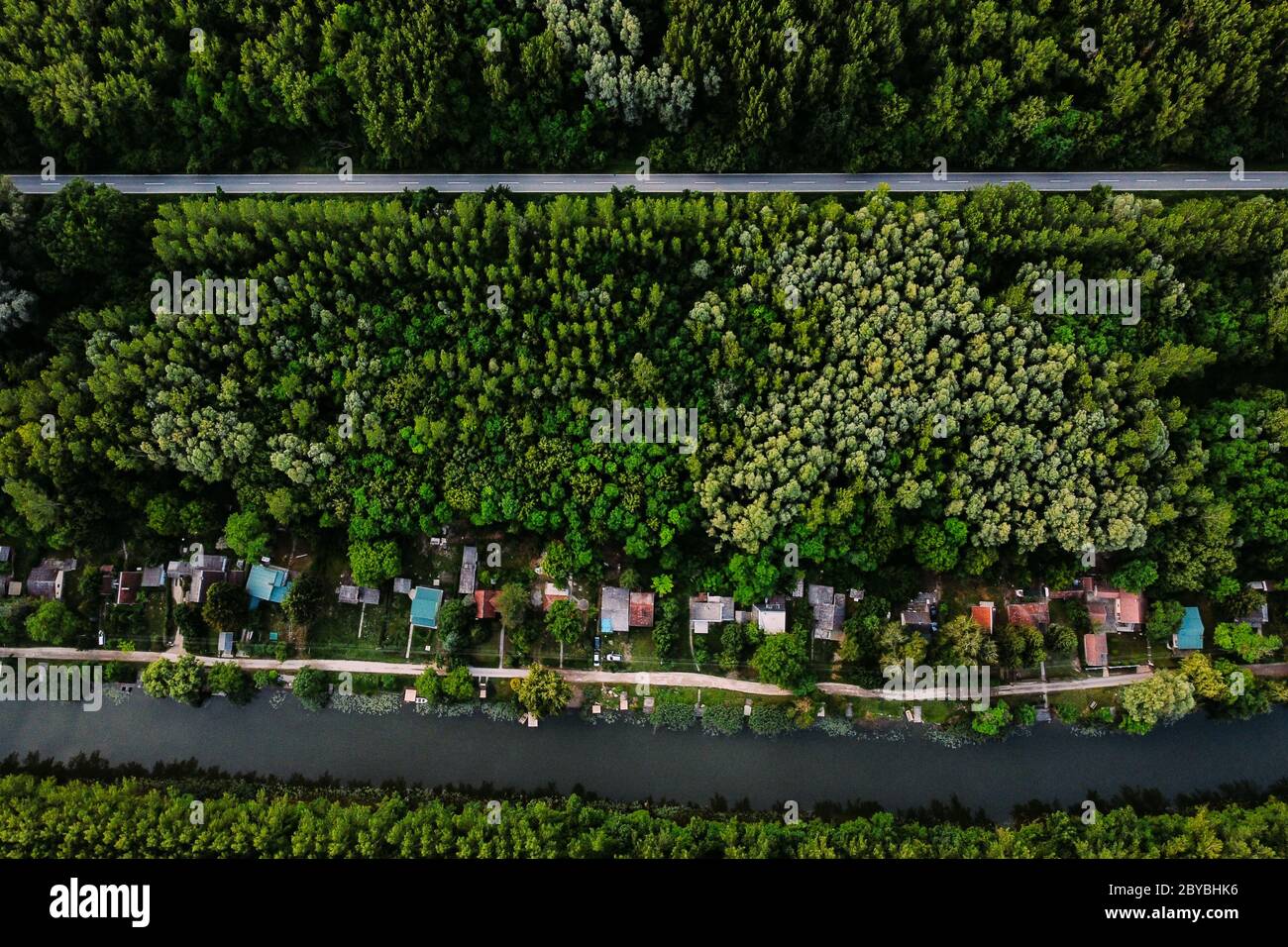 Aerial view of a houses looking in a small river in the forest with a ...