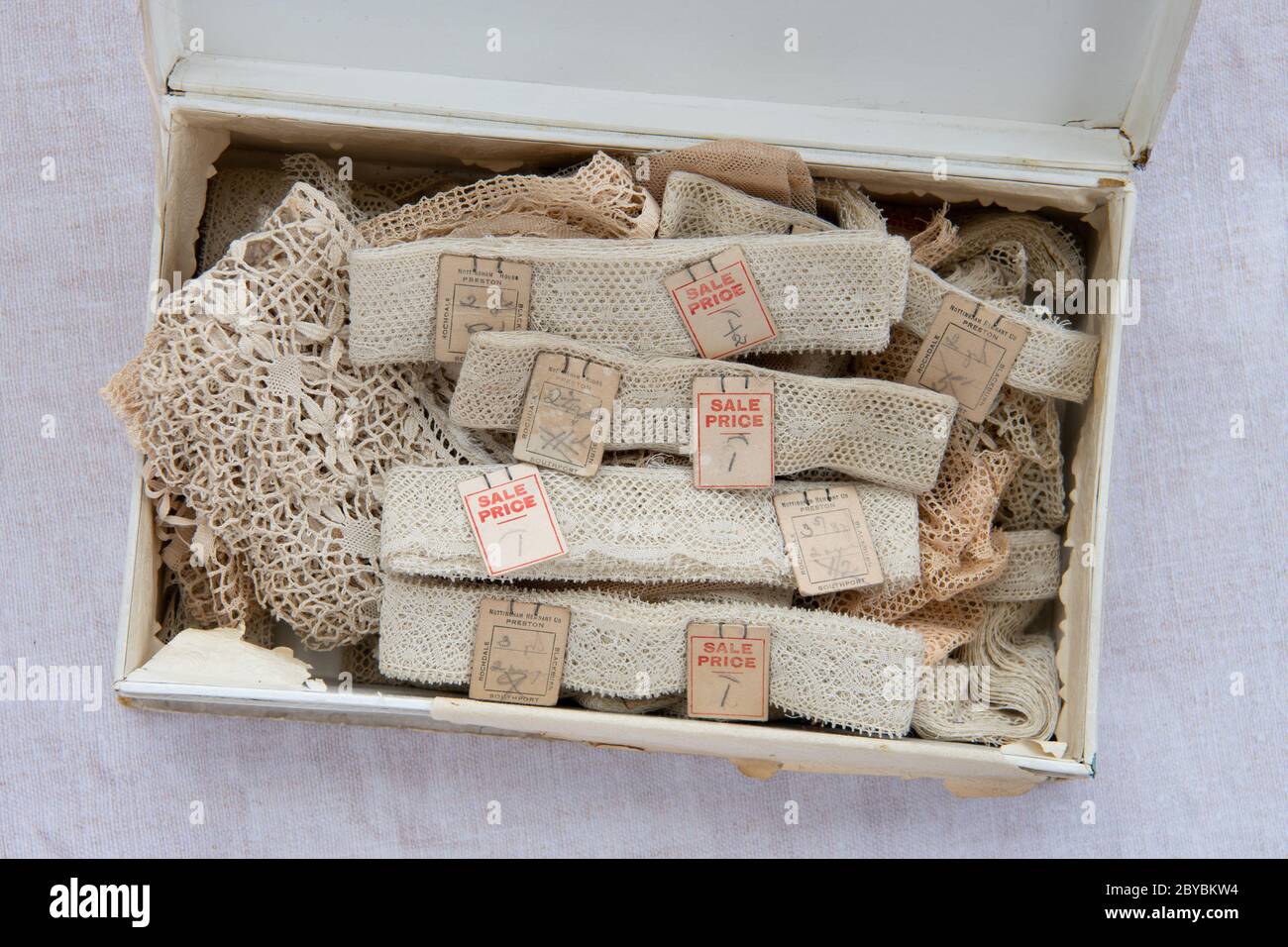 box of vintage lace trim with sale tags marked Nottingham Remnant Company - UK Stock Photo