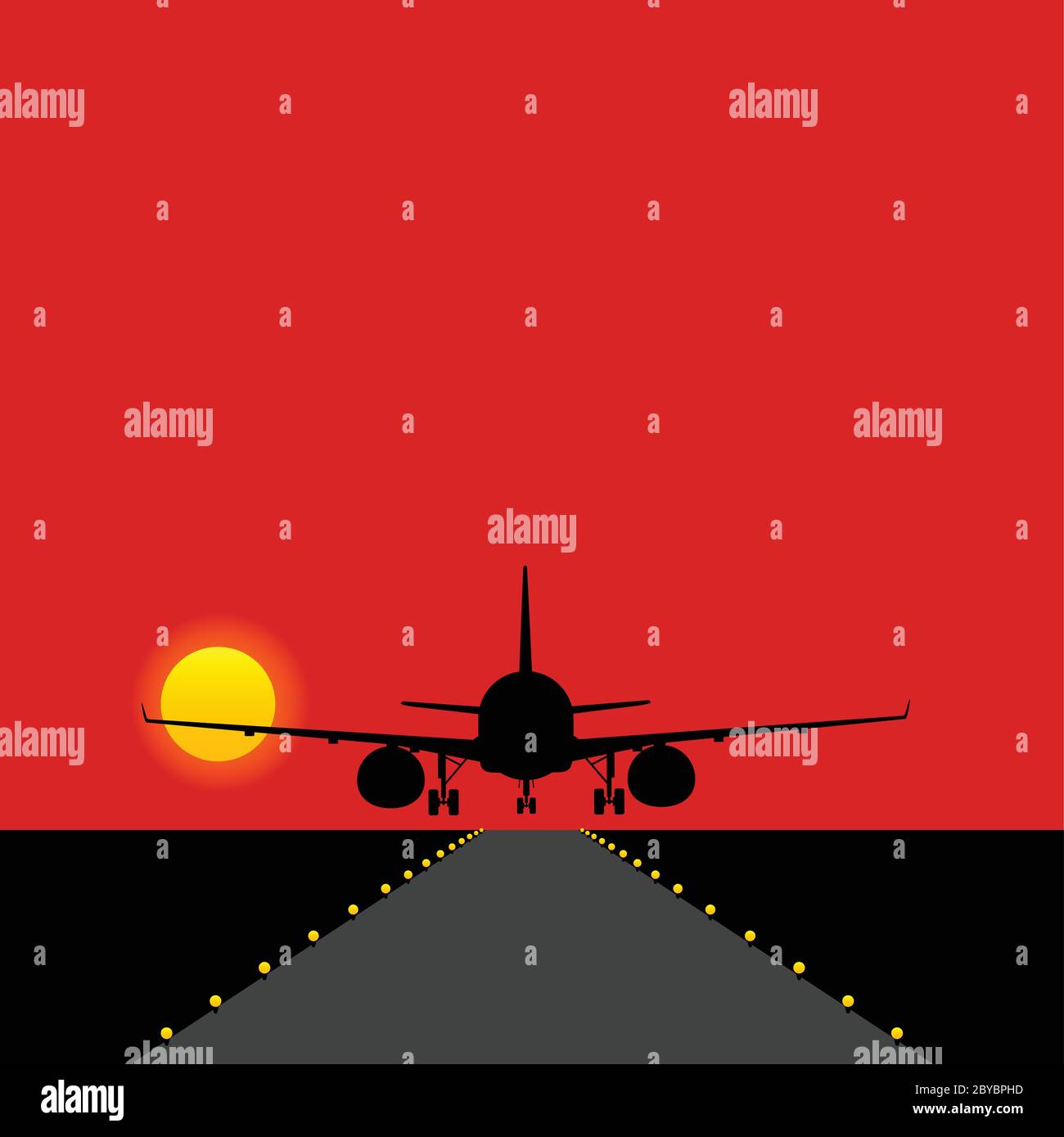 airplane landing on the runway with bulbs illustration Stock Vector