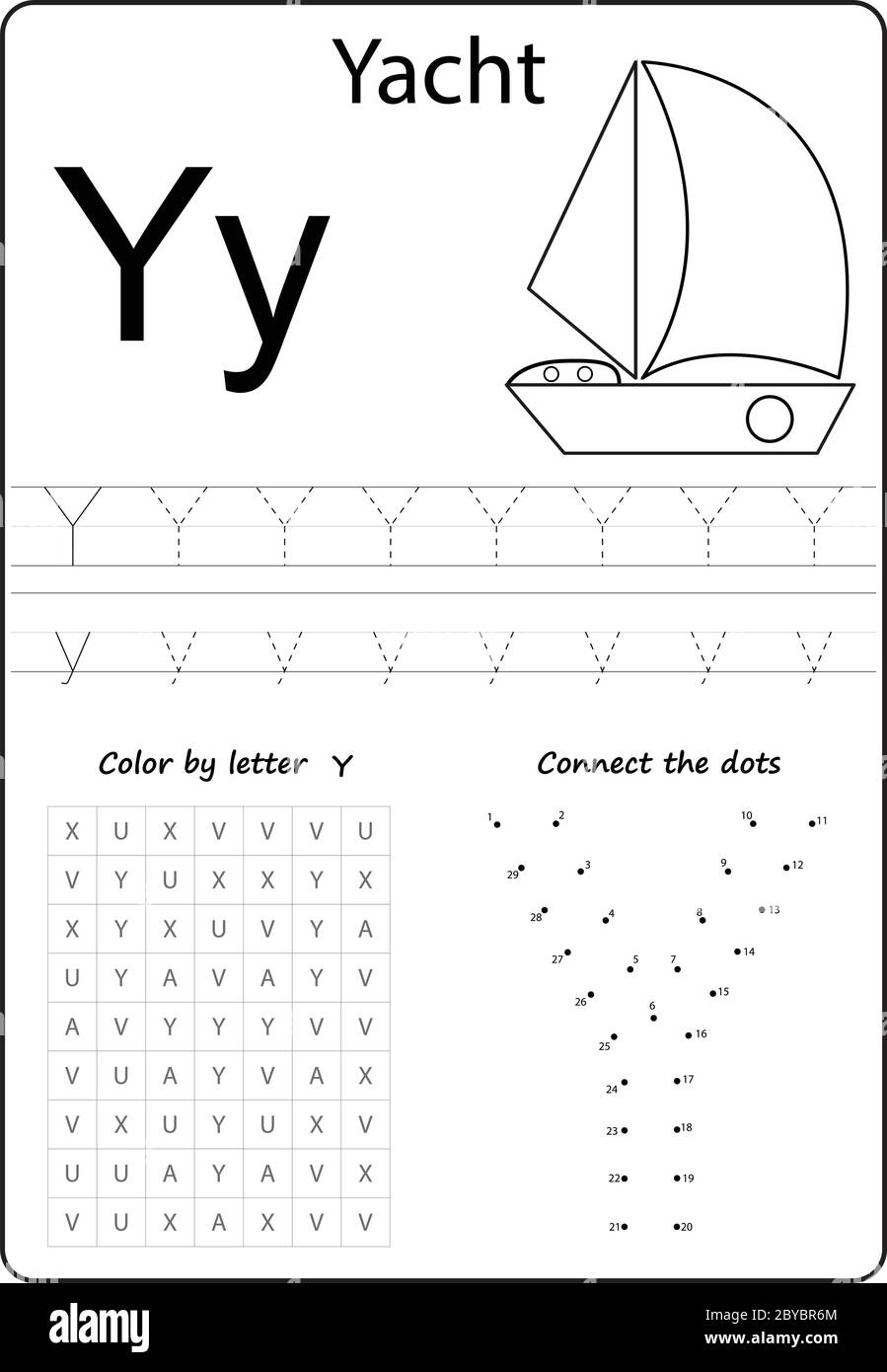 letter Y. Alphabet letter. Worksheet. Task for kids. learning letters Stock Vector