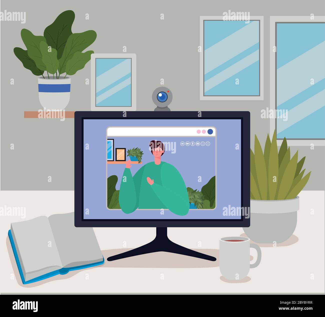 Man avatar on computer in video chat design, Call online conference and ...