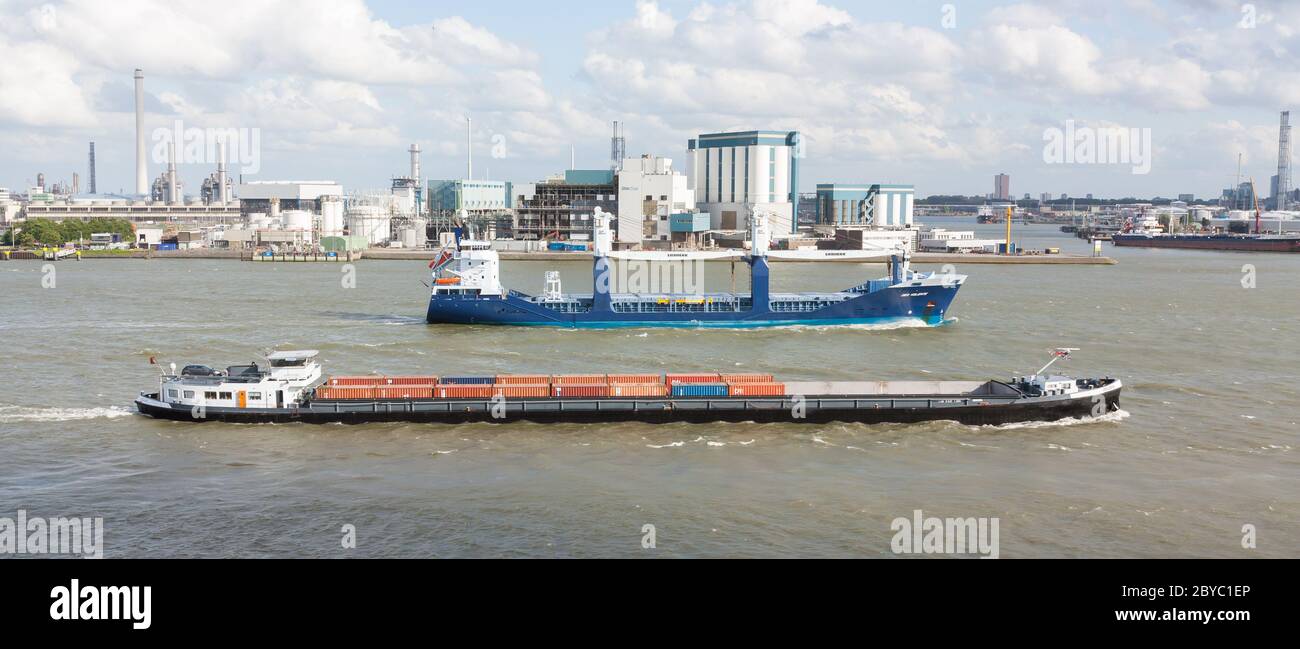 Several ships sailing in the port of Rotterdam (Holland Stock Photo Alamy