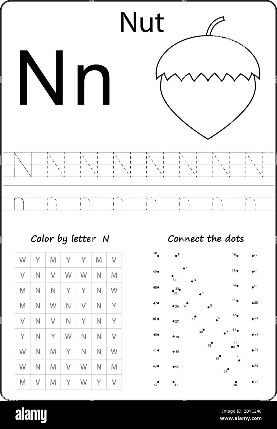 letter N. Alphabet letter. Worksheet. Task for kids. learning letters Stock Vector